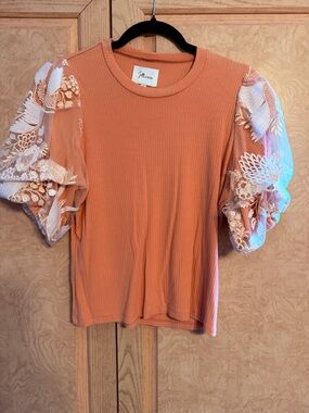 ROVE Coral Puff-Sleeve Ribbed Tee with Embroidered Sheer Sleeves